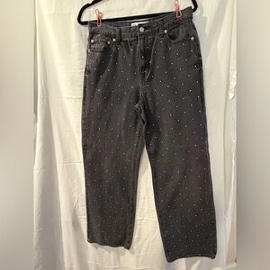 Women’s High Waist, Loose Wide Leg, Black Jeans with Metal Studs